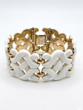 Vtg Monet White and Gold Woven Enamel Bracelet